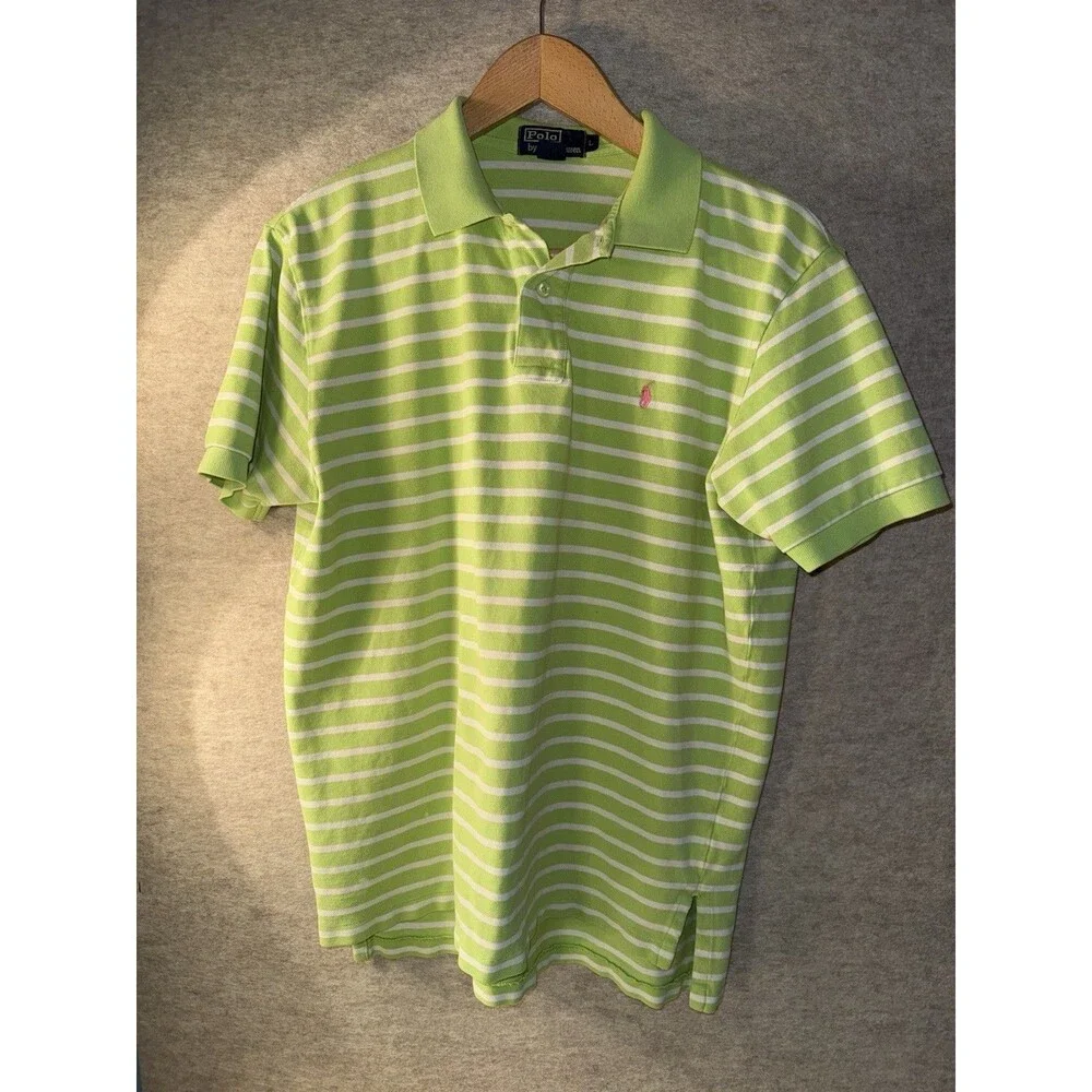 Polo Ralph Lauren Men’s VTG Polo Striped Pink Horse Sz Large, Stain In Pic